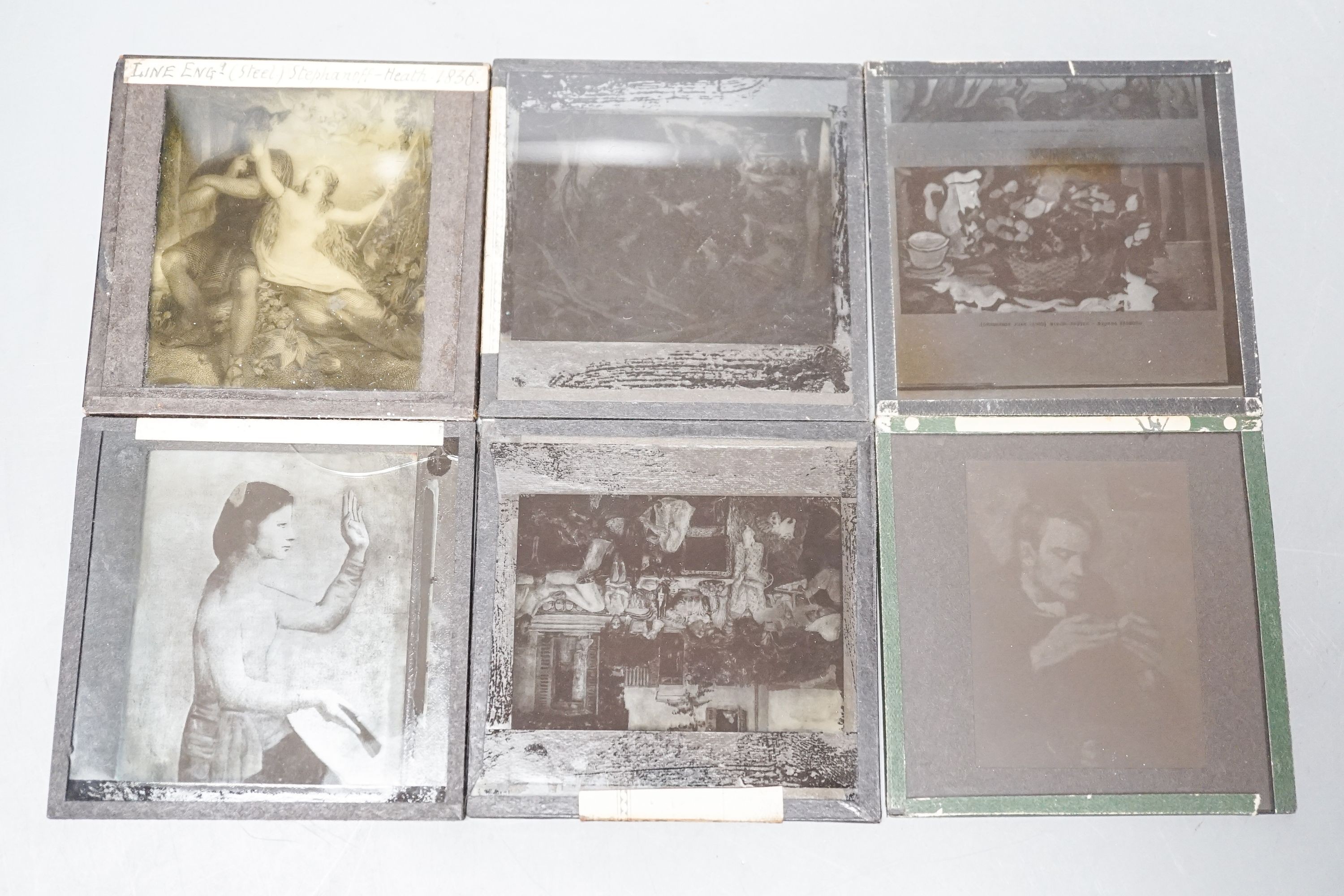 A collection of glass plate photographic slides, famous early 20th century painters etc
